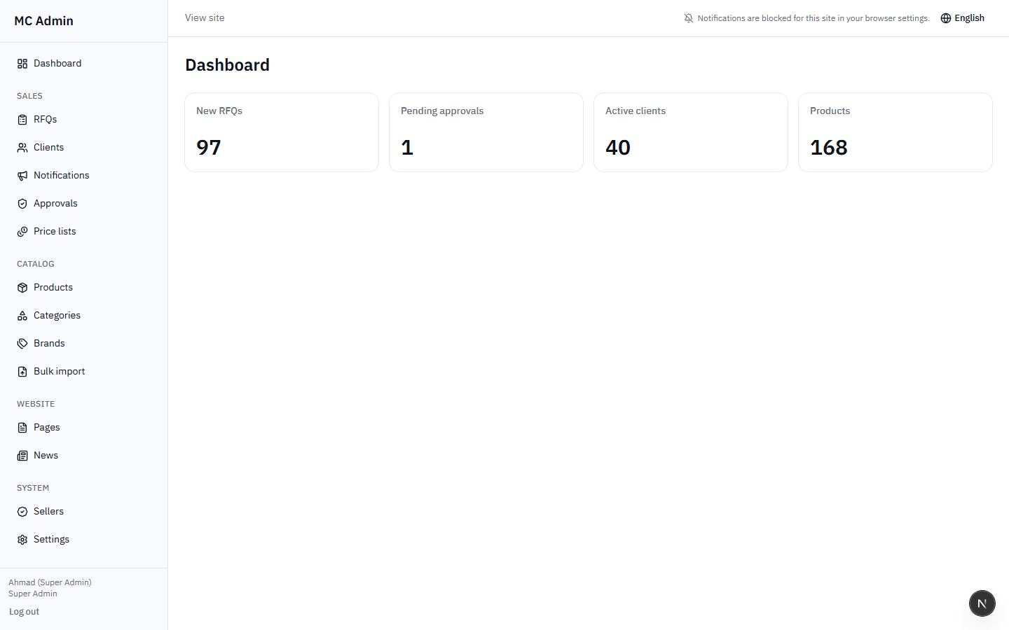 Super Admin Dashboard view showing metric tiles
