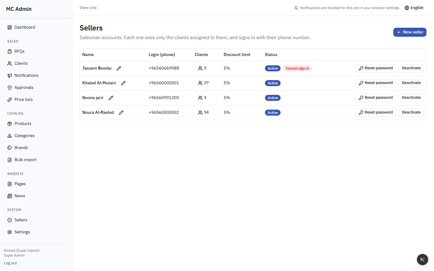 Seller Management view