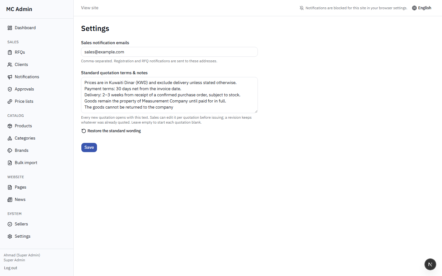 Admin Settings